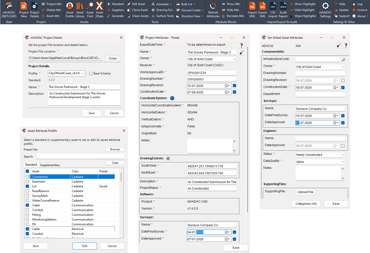 infrADAC ACAD ribbon and project setup in AutoCAD