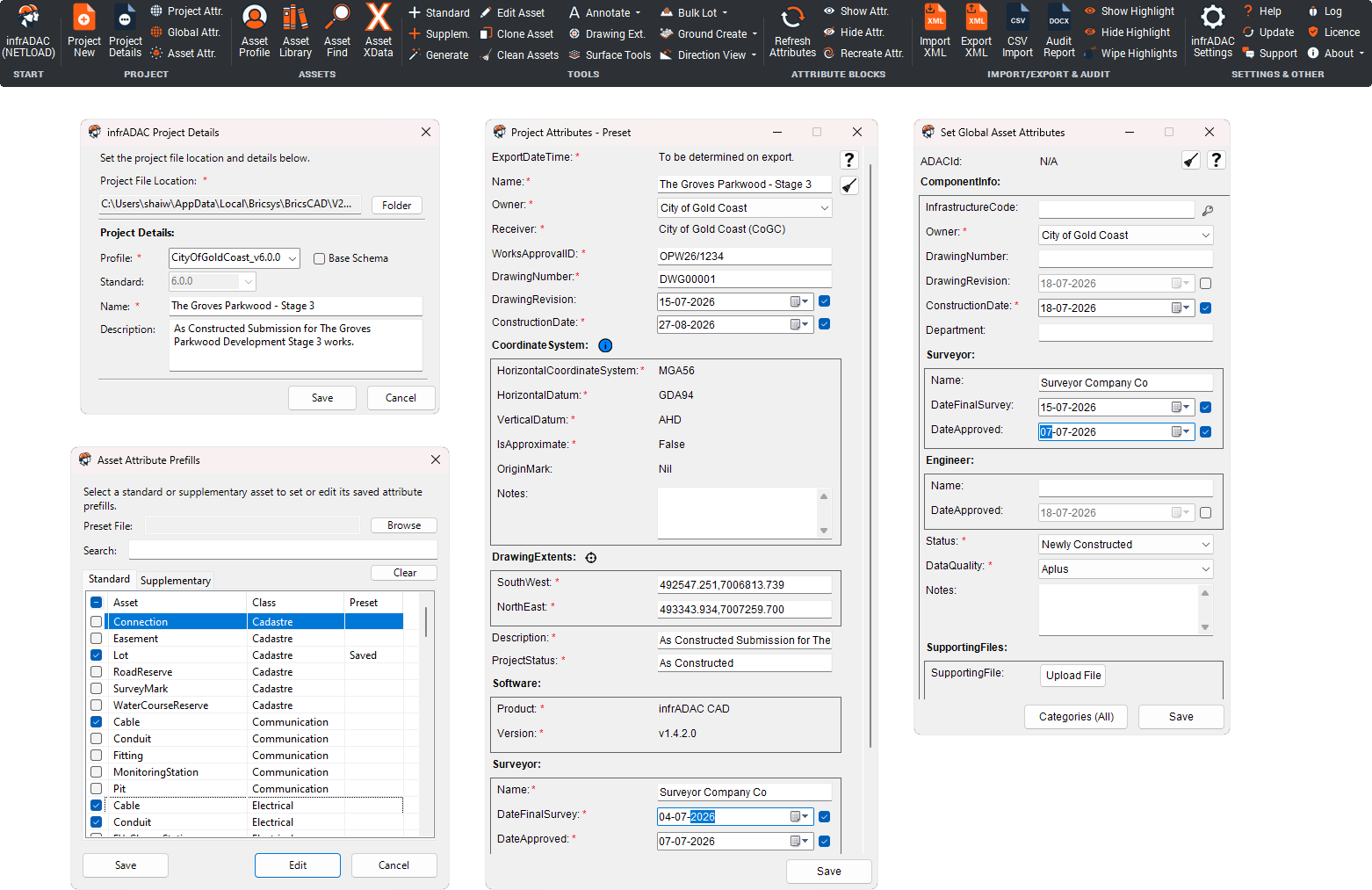 infrADAC BCAD ribbon and project setup in BricsCAD Pro