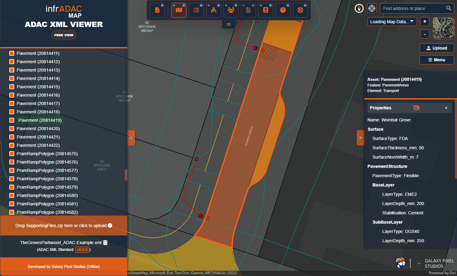 A selected pavement asset and its structured properties in infrADAC Map