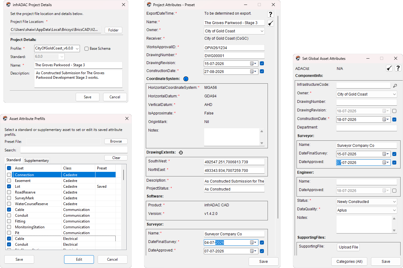 Project setup screens in infrADAC