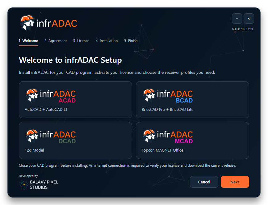 The infrADAC installer with ACAD, BCAD, DCAD and MCAD editions