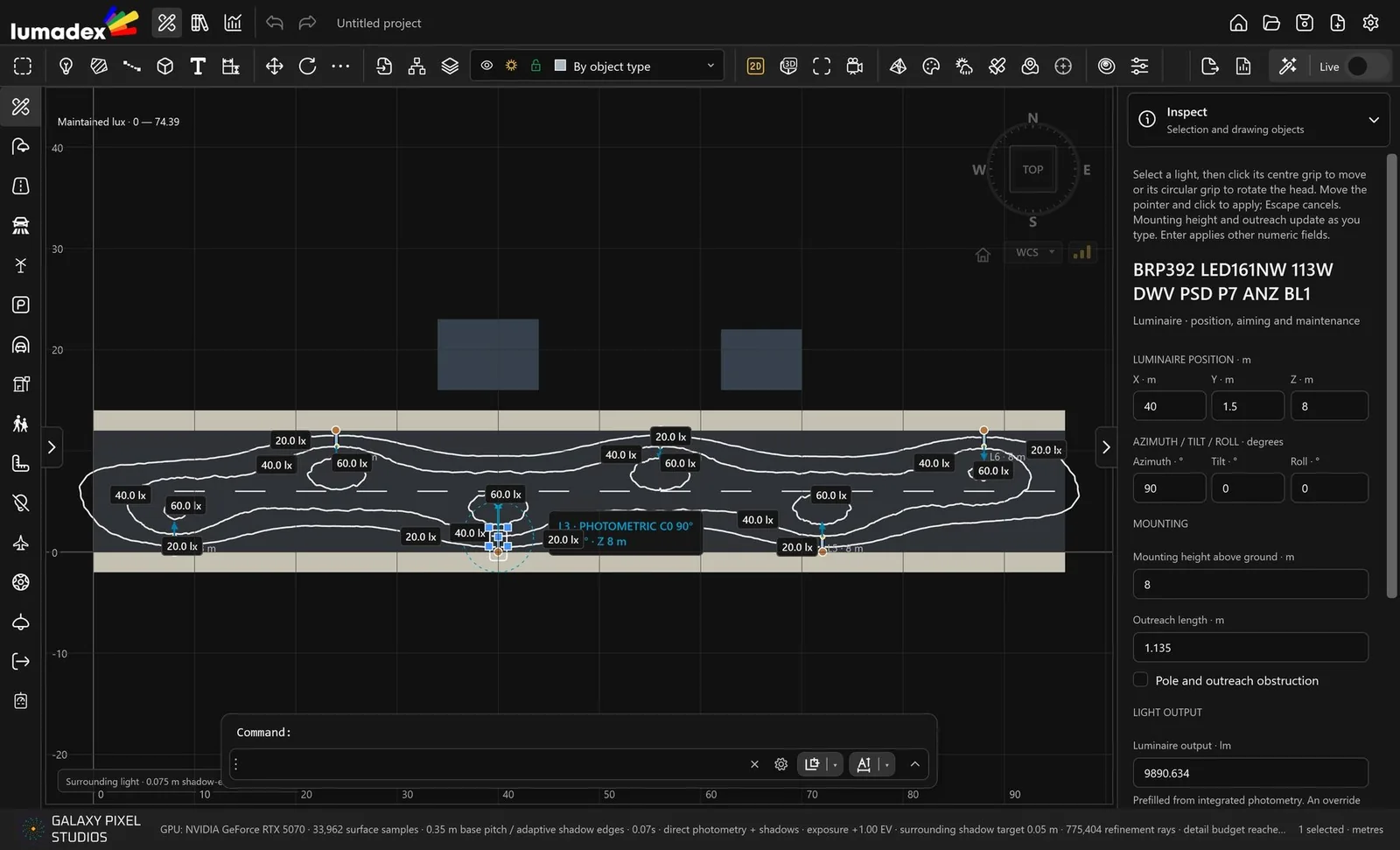 Lumadex lighting design workspace with luminaires, labelled isolux contours and the luminaire inspection panel