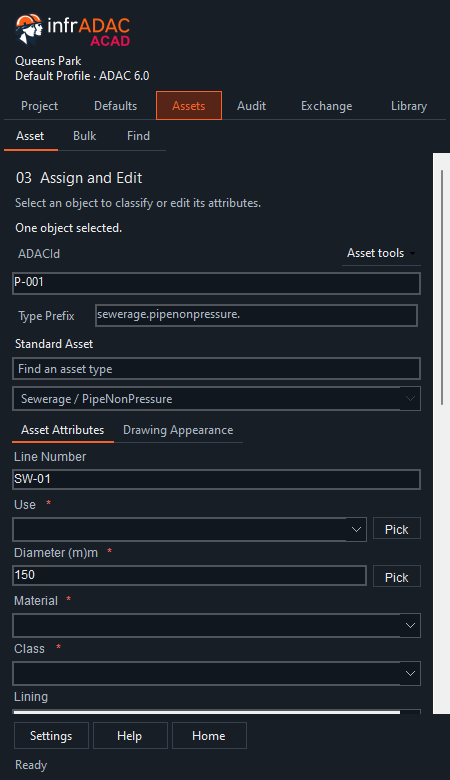 Current infrADAC ACAD panel with the asset attributes editor