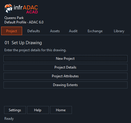 Current infrADAC ACAD panel with project setup and receiver selection