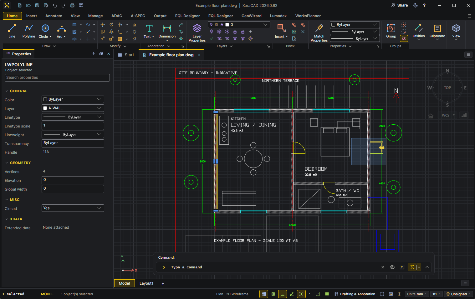XeraCAD showing its built in 2D example floor plan, drawing ribbon, dimensions and object properties